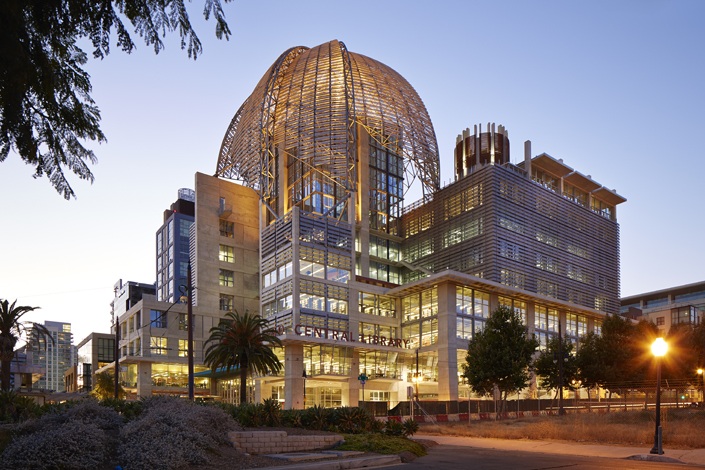San Diego Central Library at dusk
